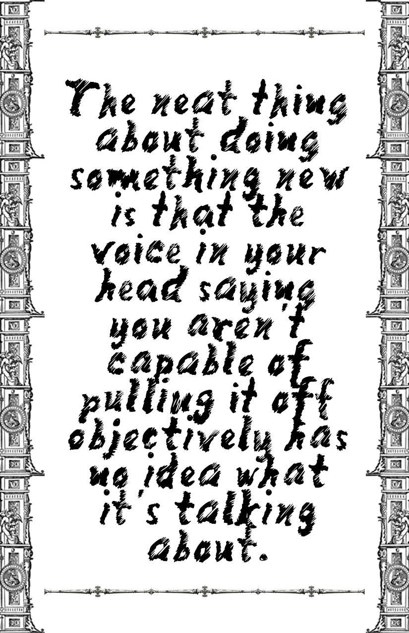 the neat thing about doing something new is that the voice in your head saying you aren't capable of pulling it off objectively has no idea what it's talking about.