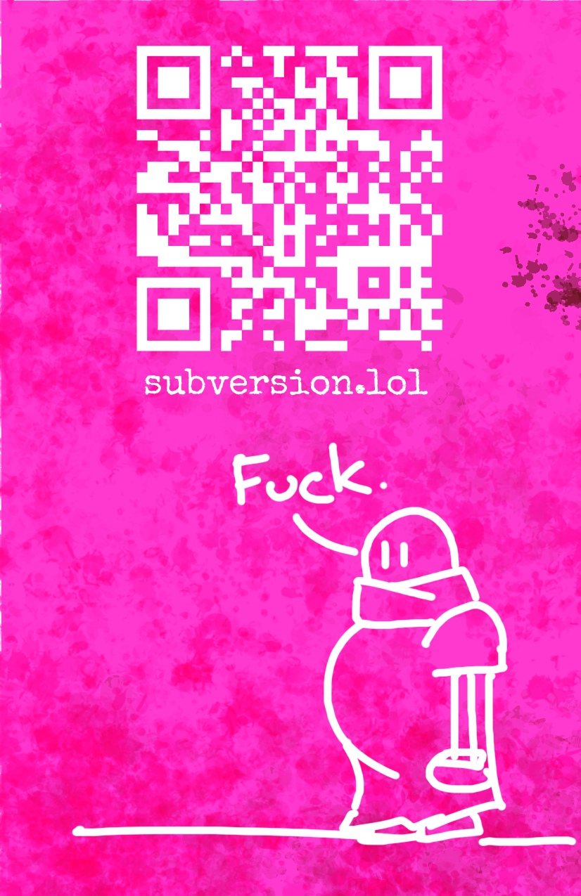 qr code pointing to subversion.lol. mr big boy in an extra large sweater saying fuck.